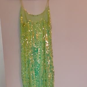 Lime green spaghetti strap glitter dress with Whit